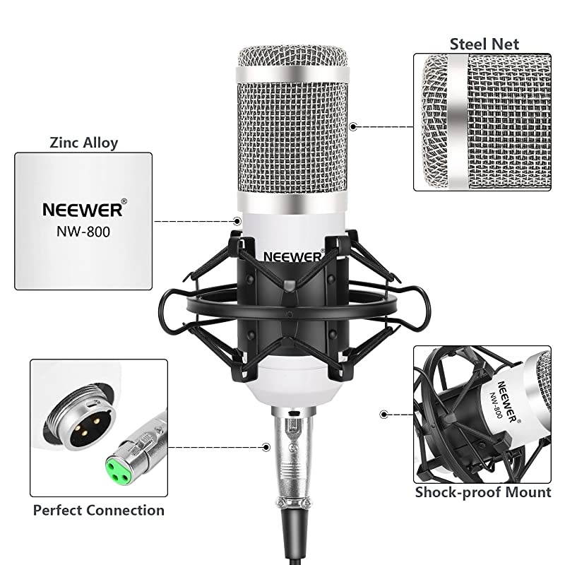 NW800 Pro Studio Broadcasting Recording Condenser Mic Kit with NW35 Adjustable Mic Suspension Scissor Arm Stand with Black Shock Mount and Table Mounting Clamp Pop FilterWhite and Silver
