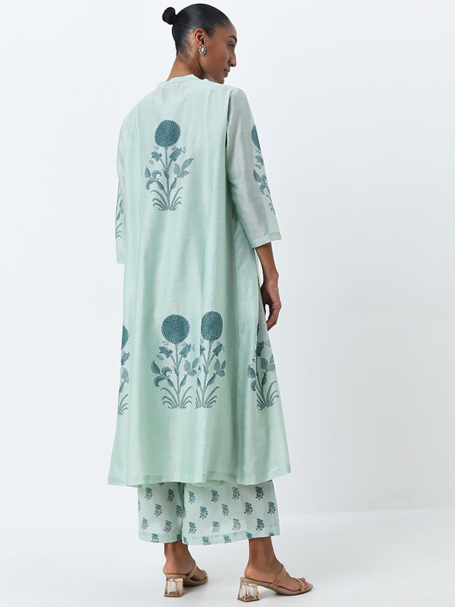 Zuba by Westside Sea Green Floral Printed A-Line Kurta with Inner