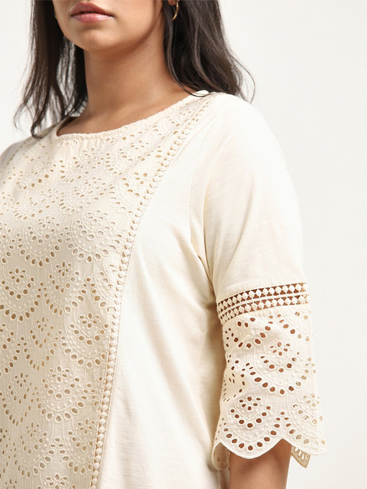 Gia by Westside Beige Schiffli Design Cotton Top