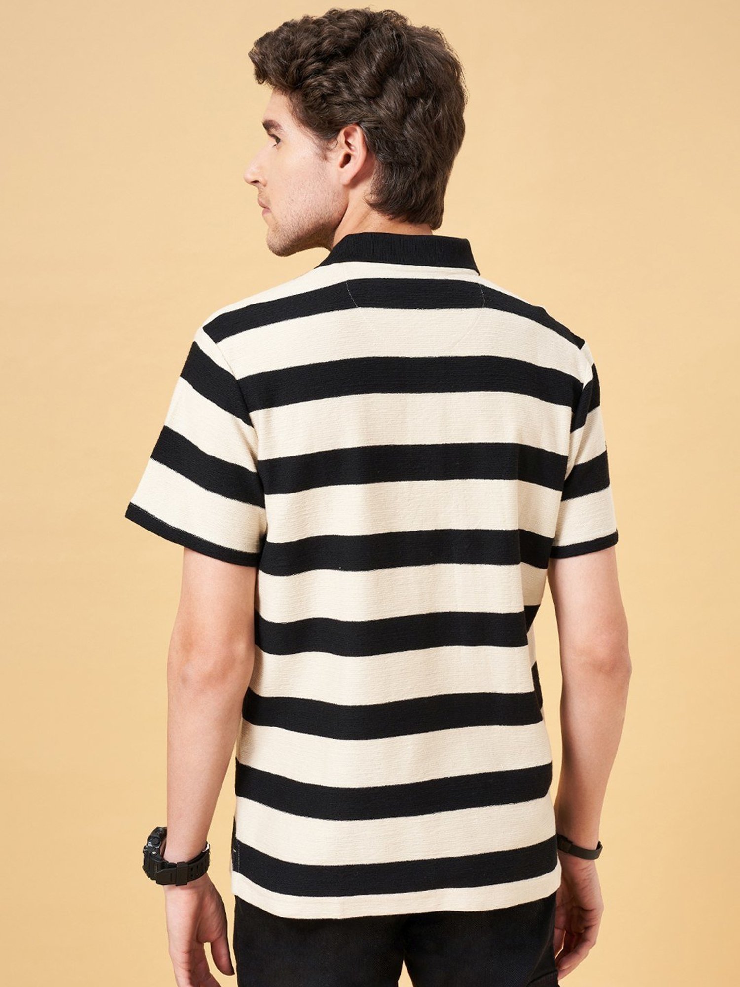 People by Pantaloons Jet Black Cotton Regular Fit Striped Polo T-Shirt