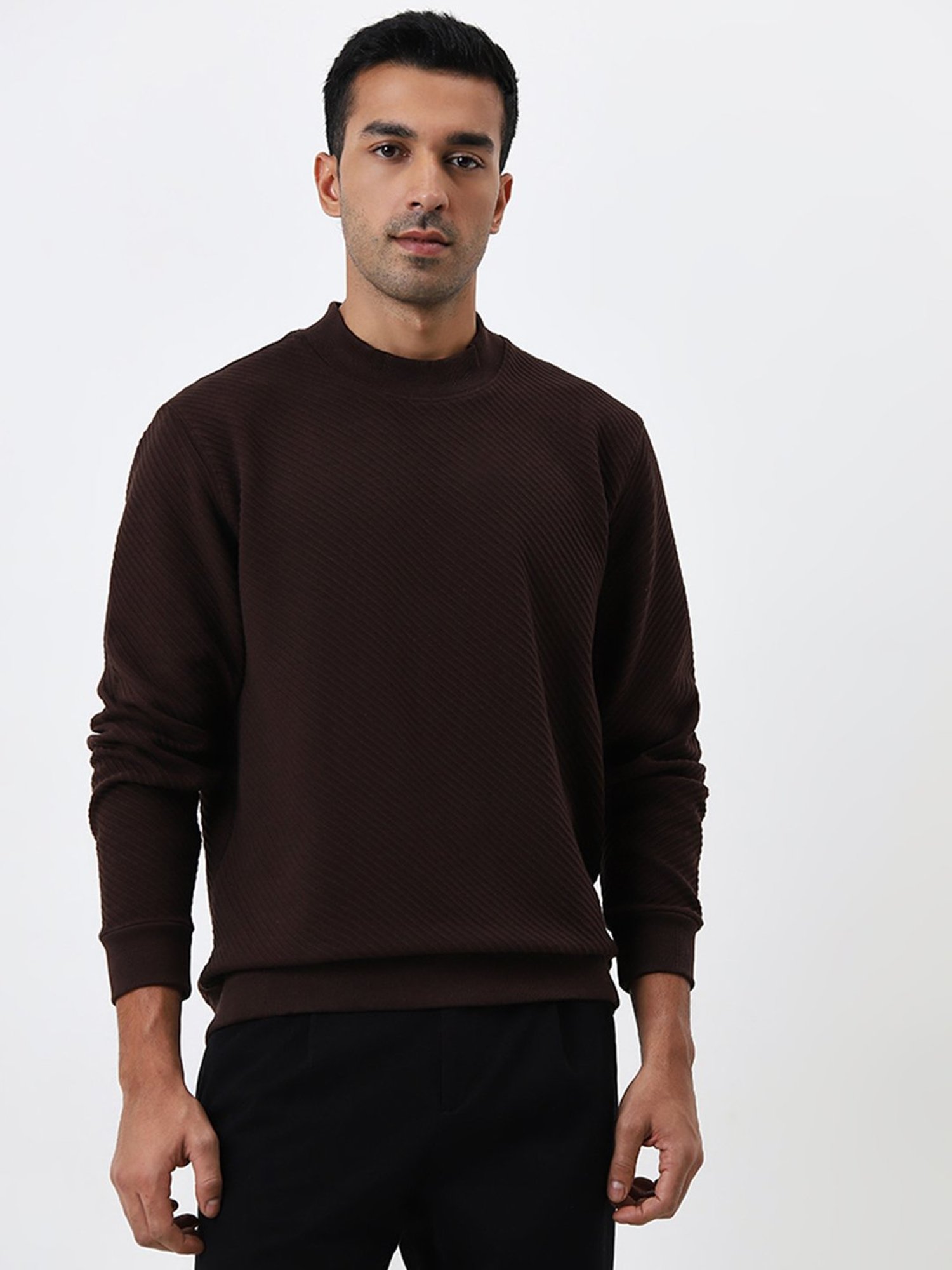 Ascot by Westside Dark Brown Ribbed Textured Relaxed Fit Sweatshirt