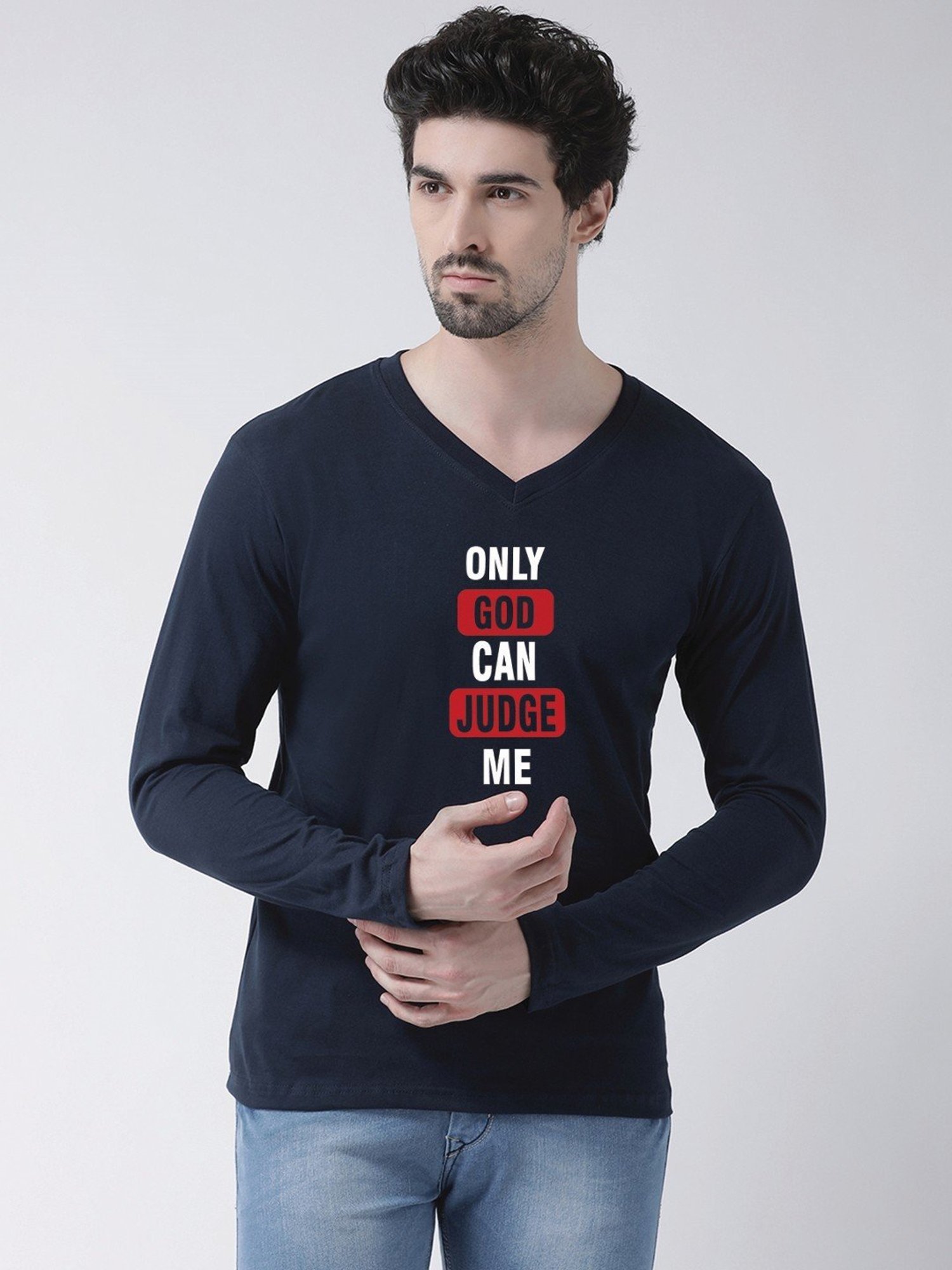 Friskers Navy Blue Cotton Slim Fit Printed T-Shirt