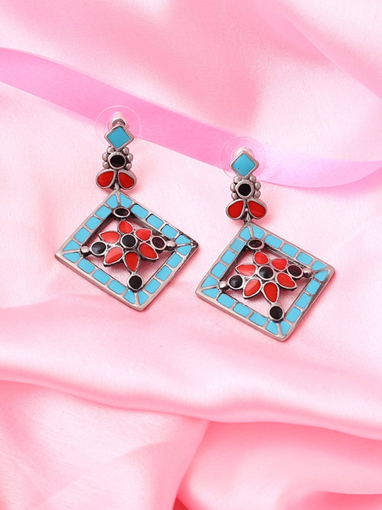 Estele Rhodium-Plated Oxidized Geometric Dangler Earrings for Women/Girls