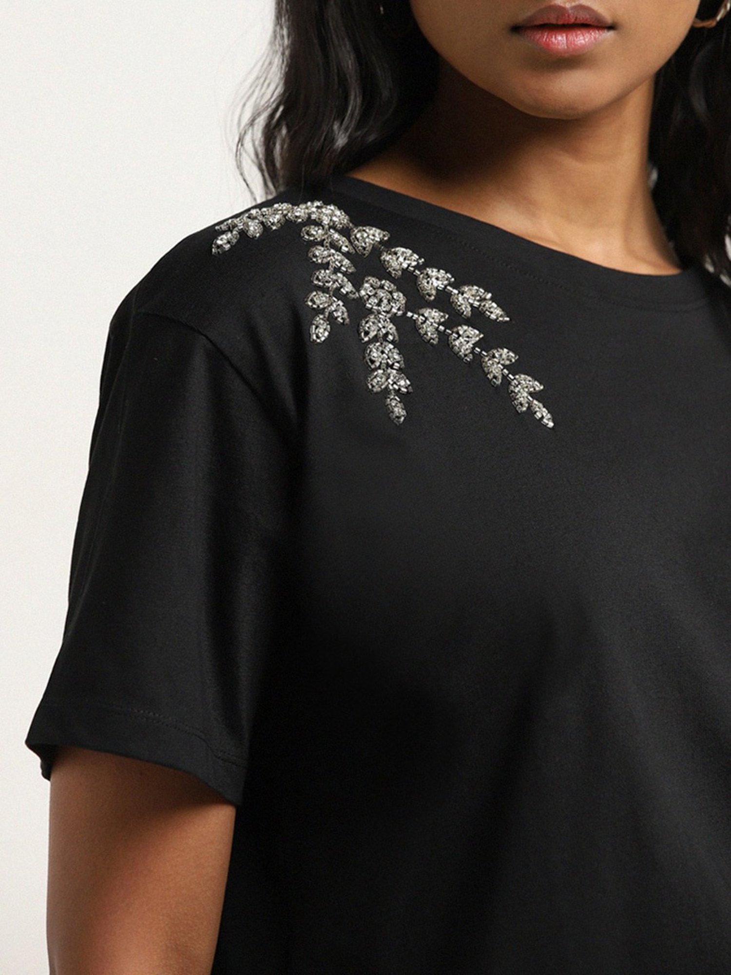 LOV by Westside Black Leaf Embellished Cotton T-Shirt