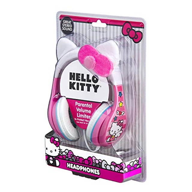 eKids Hello Kitty Headphones for Kids, Adjustable Headband, Stereo Sound, 3.5mm Jack, Wired Headphones with Volume Control, Designed for Fans of Hello Kitty Gifts