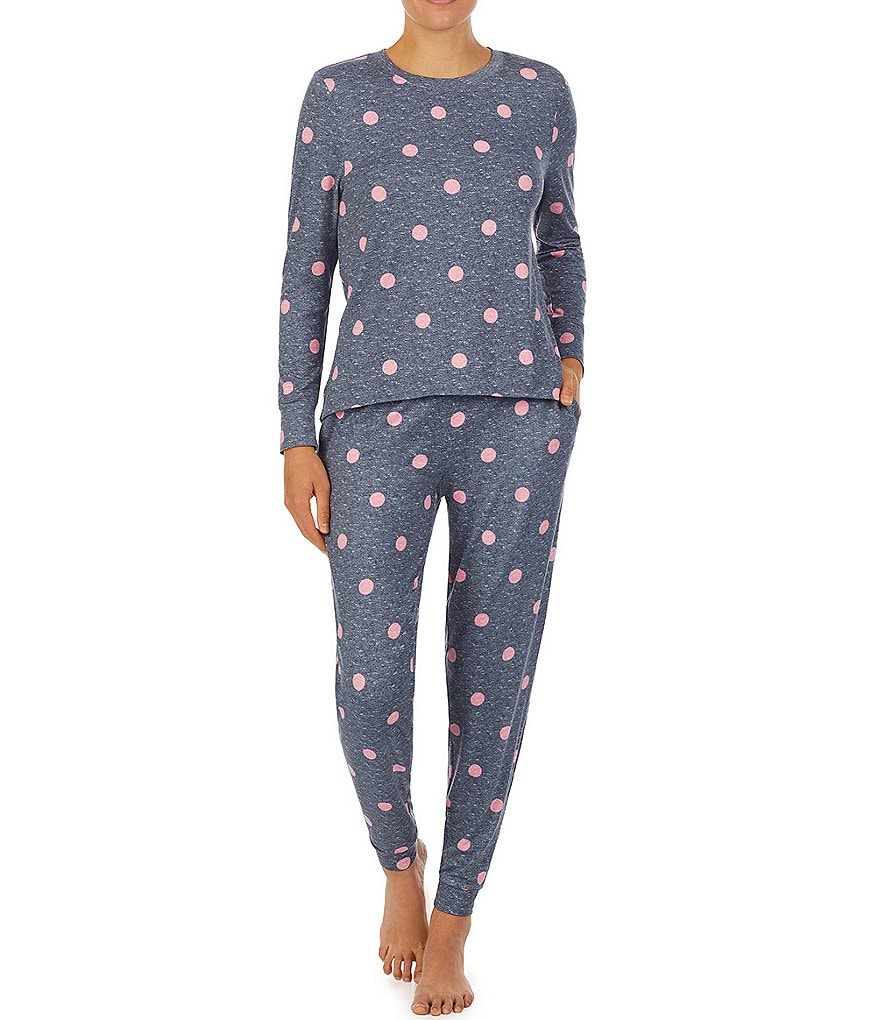 Jane & Bleecker New York Dot Print Cozy Jersey Knit Crew Neck Long Sleeve Jogger Coordinating Pajama Set