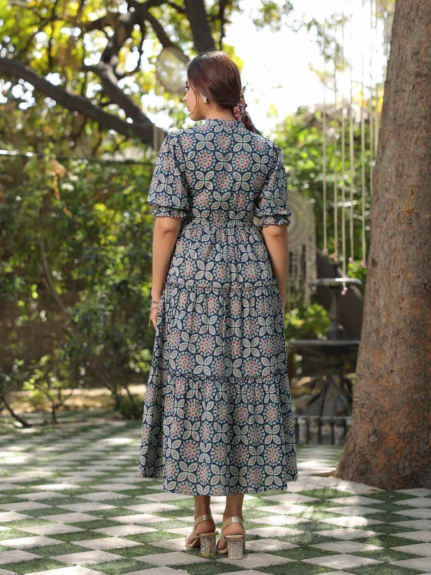 Rain and Rainbow Blue Cotton Printed A-Line Dress