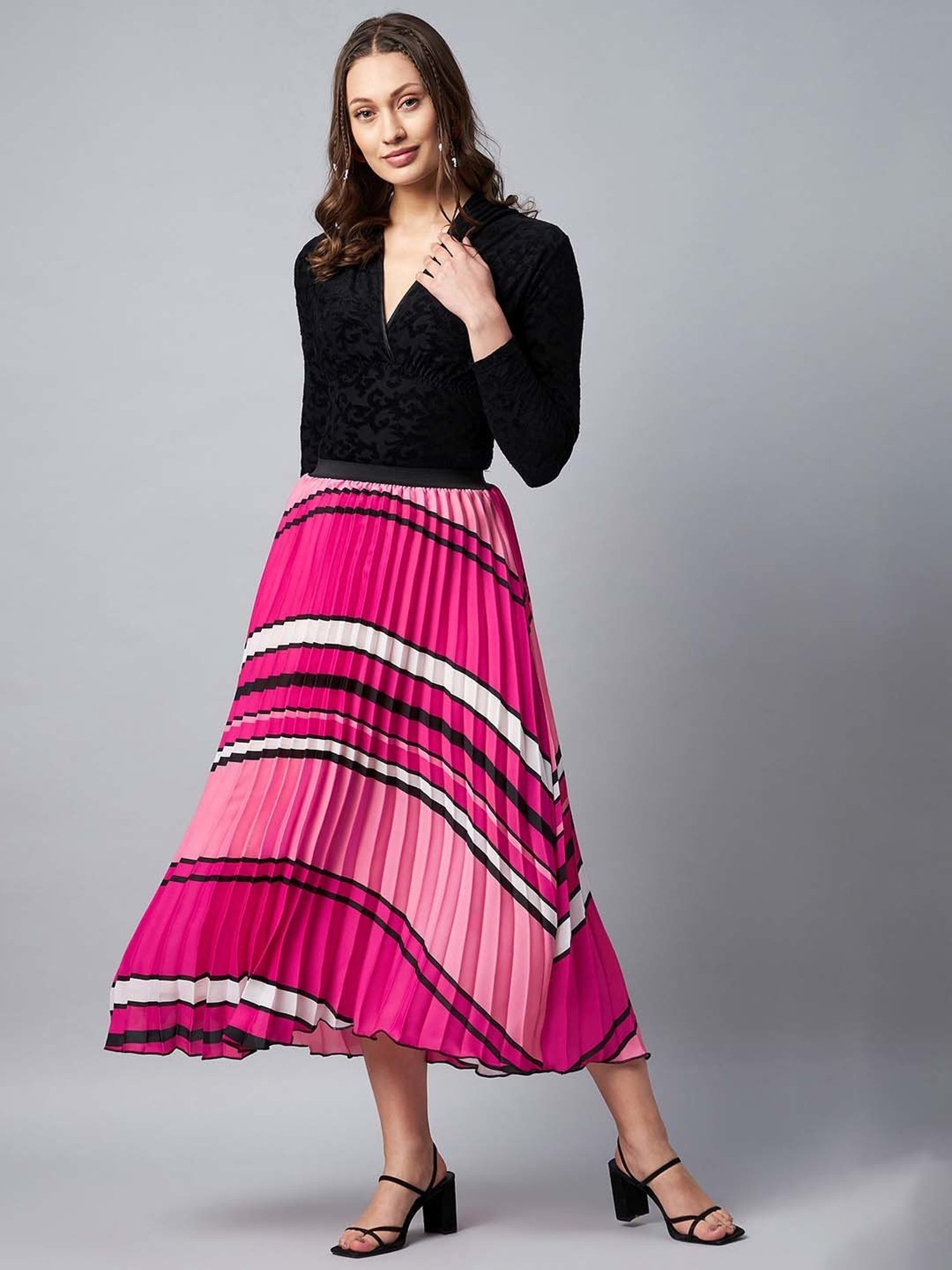 StyleStone Pink Printed Pleated Skirt