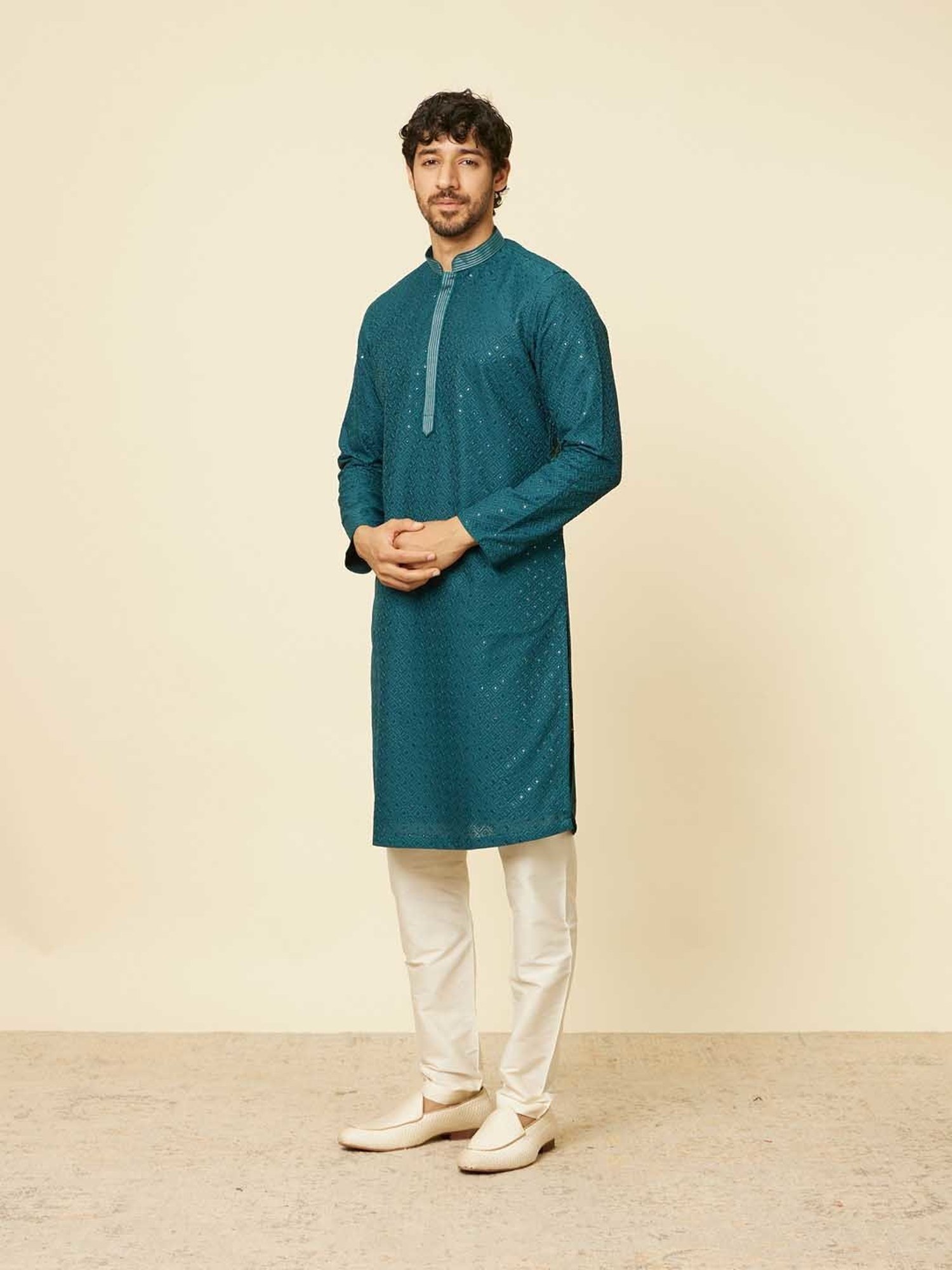 Sanwara Sea Green & White Cotton Regular Fit Chikankari Kurta Bottom Set