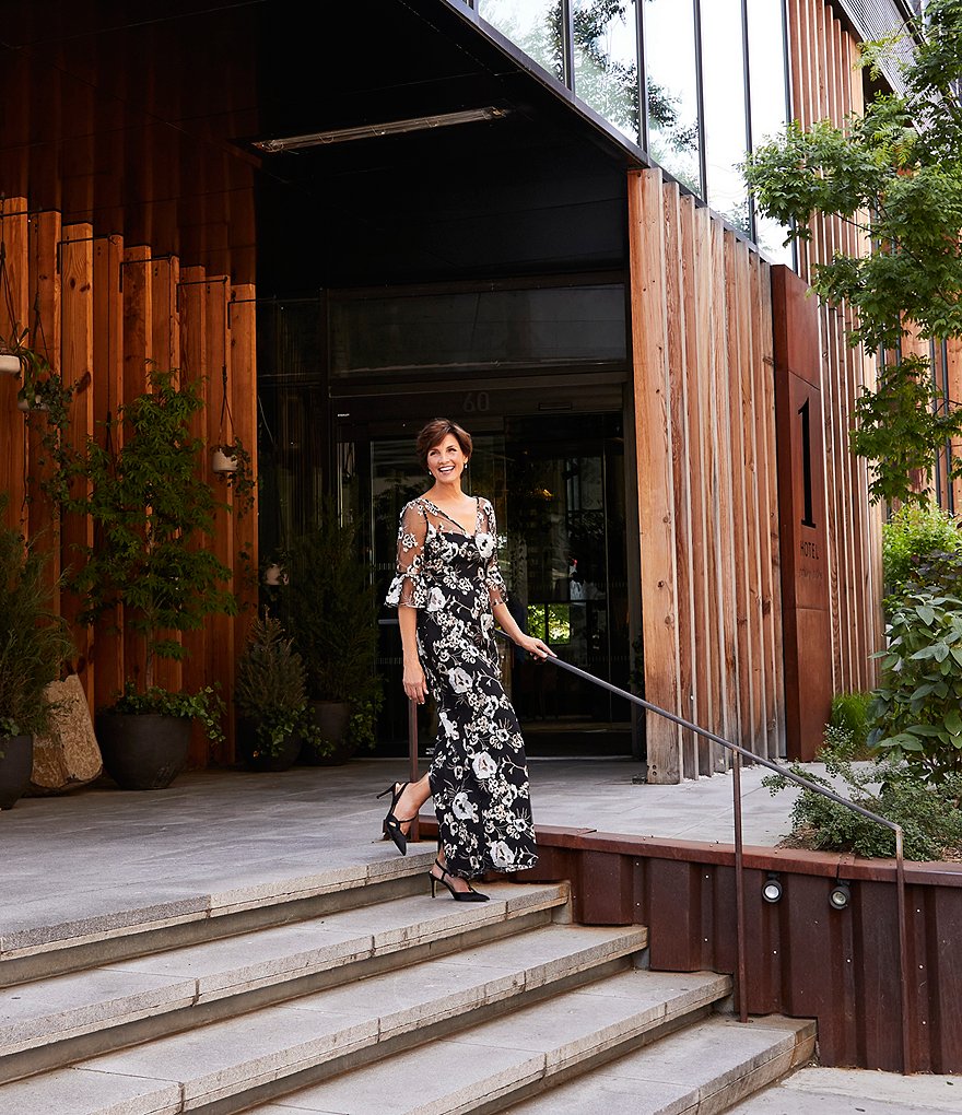 Adrianna Papell Floral Embroidered V-Neck Elbow Bell Sleeve Gown