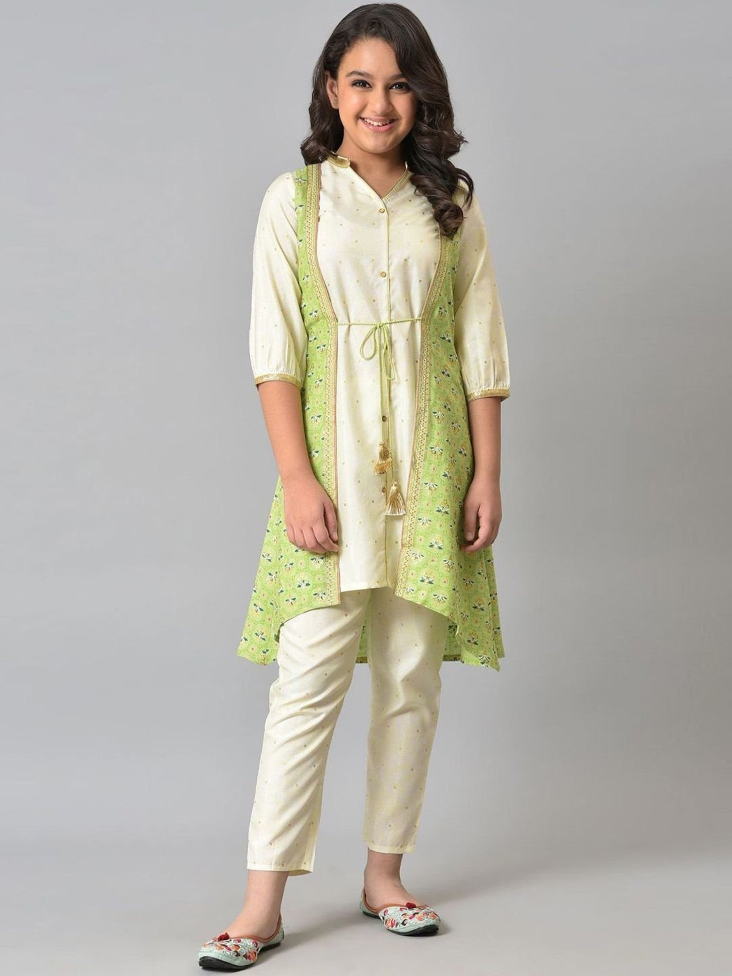 Aurelia Kids Green & Cream Printed Kurta Set