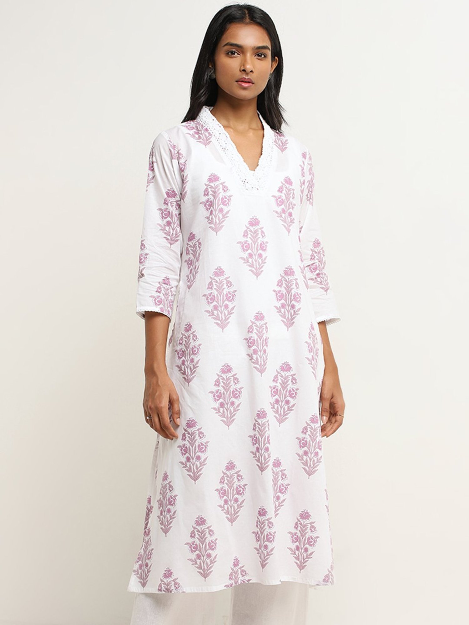 Utsa by Westside Lilac Floral Patterned A-Line Cotton Kurta