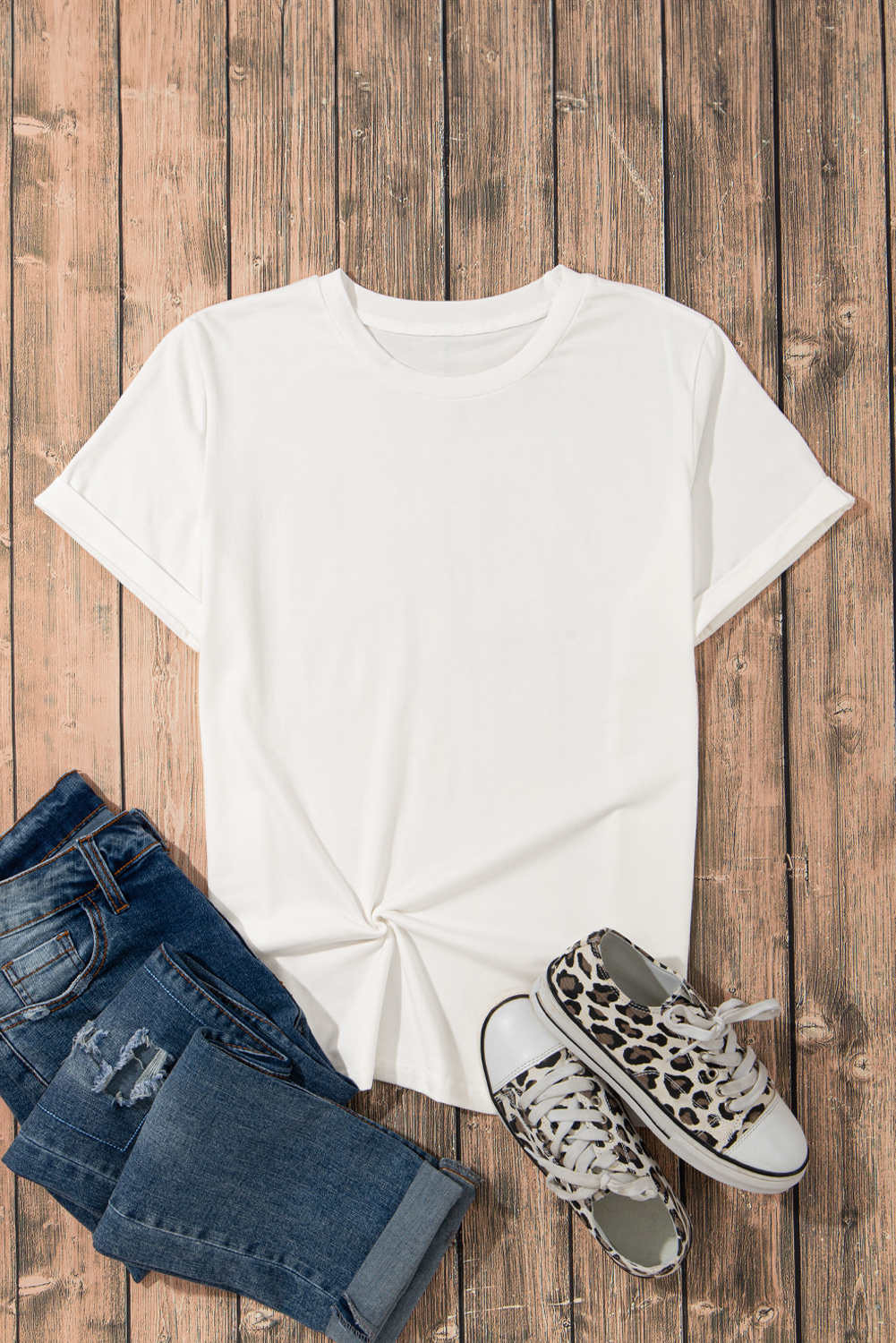 White Solid Color Basic Crew Neck Plain Tee