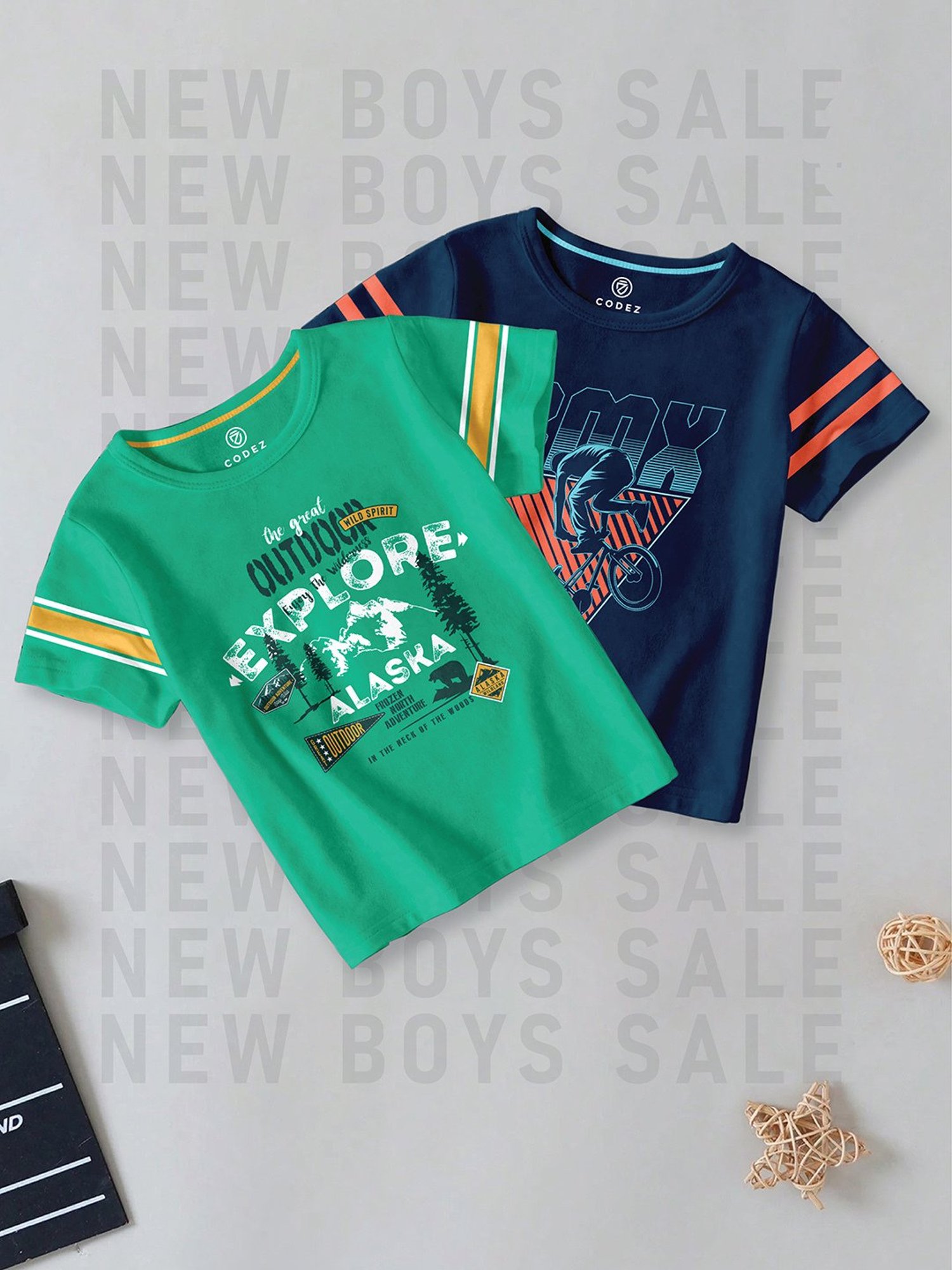 Codez Kids Green & Navy Printed T-Shirt (Pack Of 2)