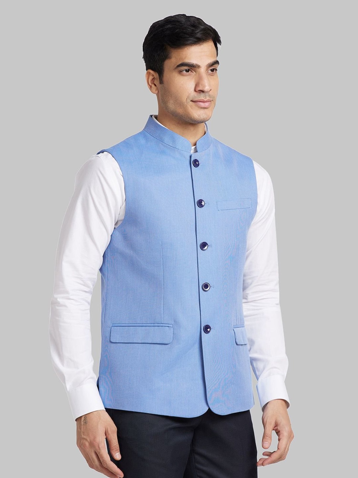 Park Avenue Blue Slim Fit Self Pattern Nehru Jacket