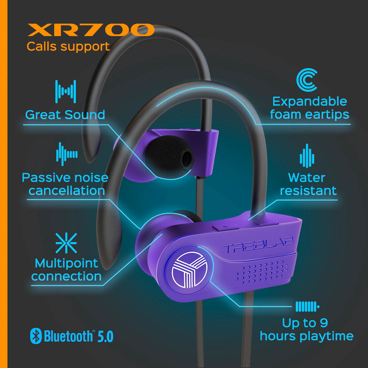 TREBLAB XR700 PRO Wireless Running Earbuds - Top 2019 Sports Headphones, Custom Adjustable Earhooks, Bluetooth 5.0 IPX7 Waterproof, Rugged Workout Earphones, Noise Cancelling Microphone In-Ear Headset