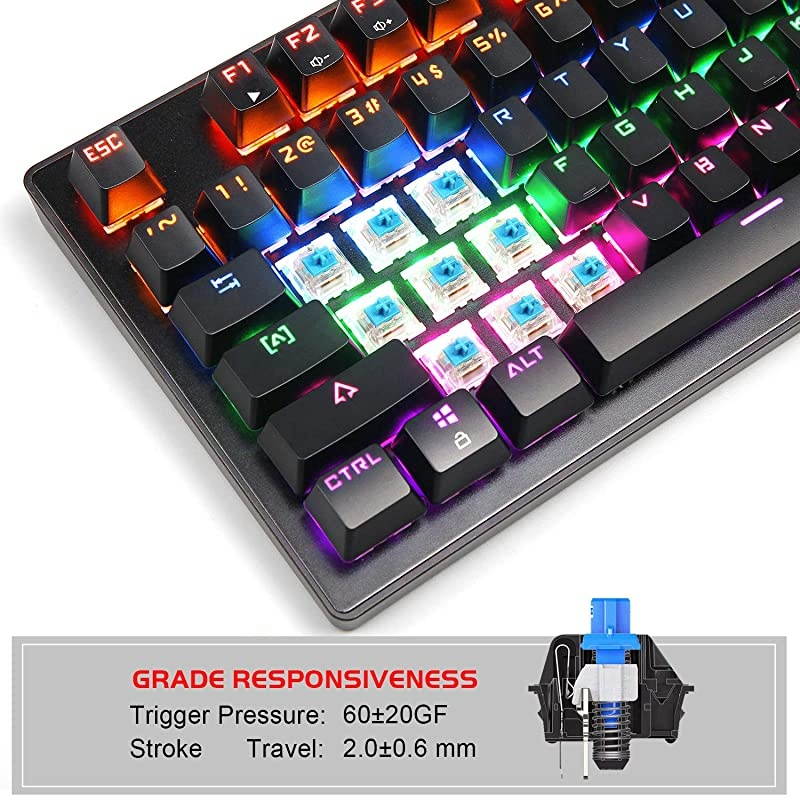 Mechanical Keyboard 87 Keys Small Compact Multicolour Backlit - MK1 Wired USB Gaming Keyboard with Blue Switches, Metal Construction, Water Resistant for Windows MAC Laptop Game