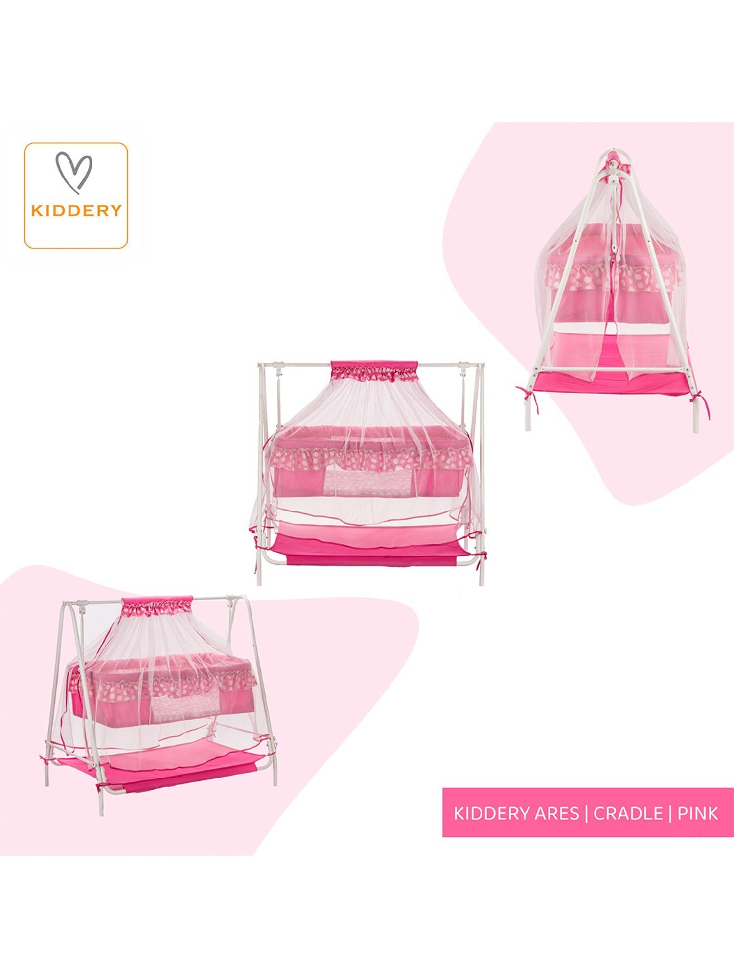 Kiddery Pink Baby Cradle with Mosquito Protection Net (Age 0-12 Months)