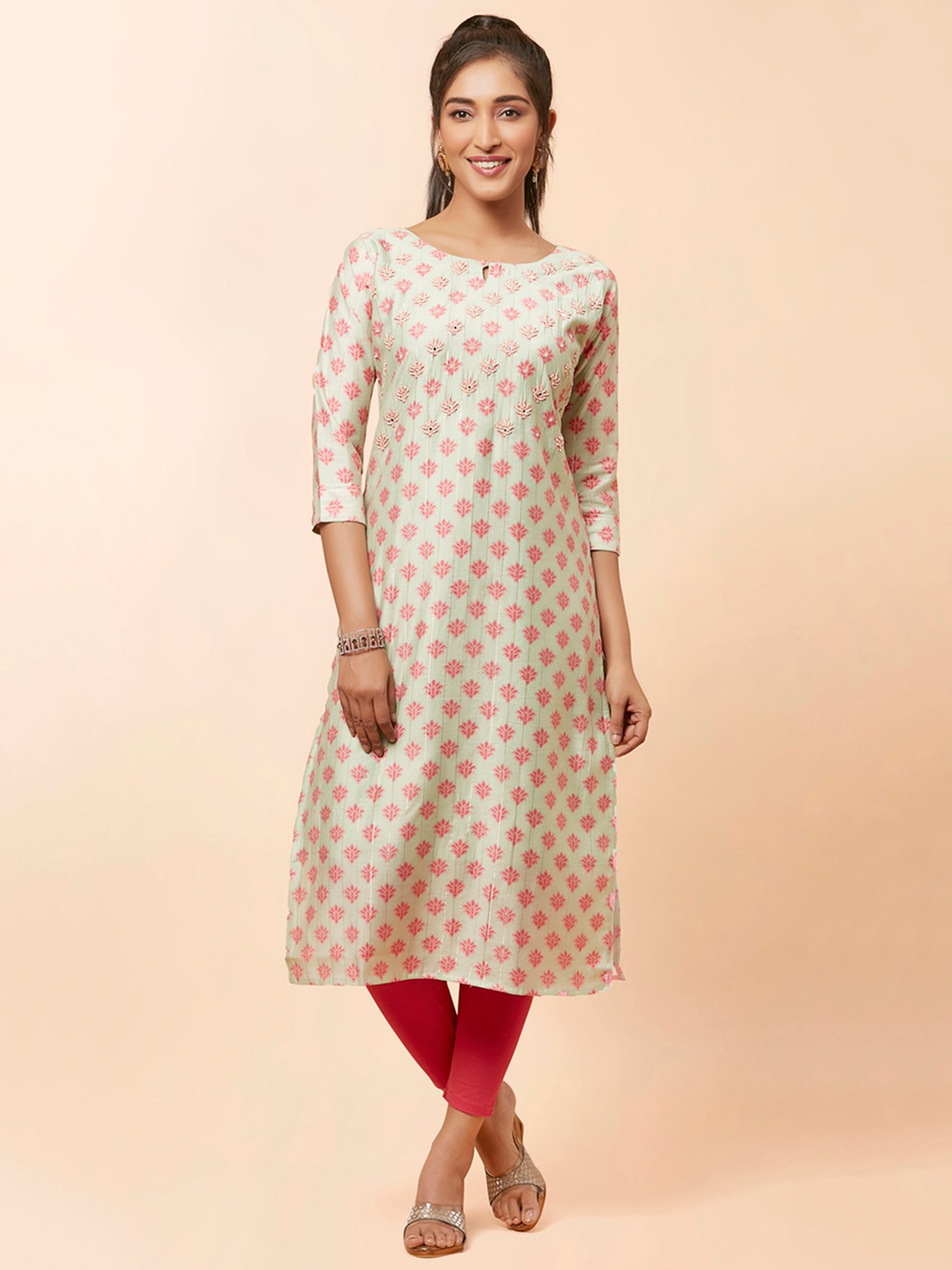 URBAN MYSTIC Light Green Embroidered A Line Kurta