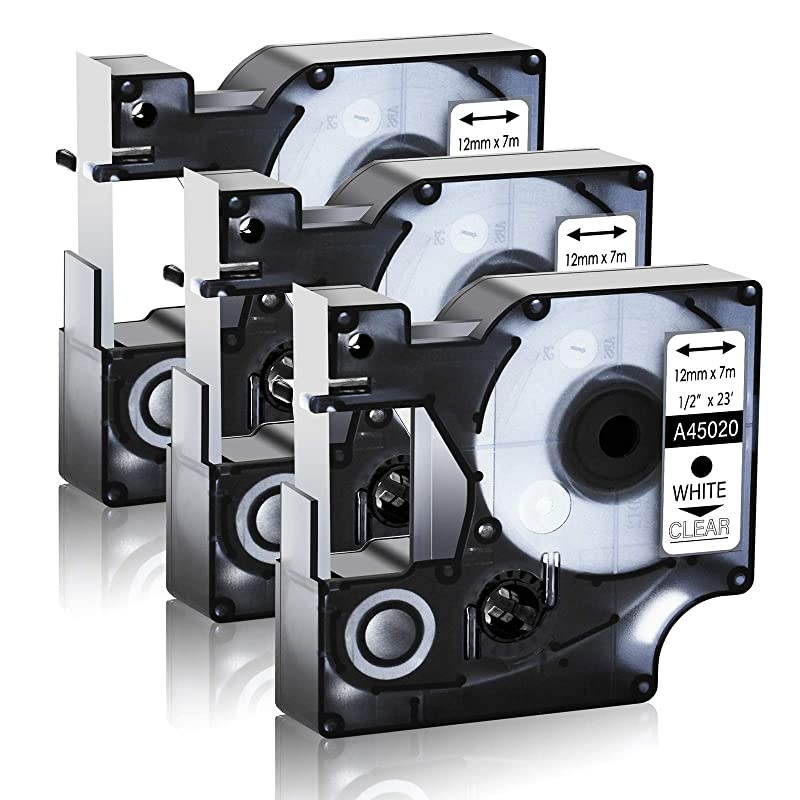 Compatible for DYMO D1 45020 S0720600 Label Tape 1/2" 12mm x 23ft use in LabelManager 160 210D 260P 280 360D 420P PnP LabelWriter 450 400 Duo 3M PL300 Label Maker (White on Clear, 3 Pack)