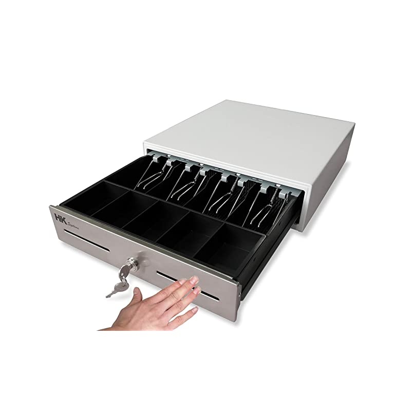 13" Heavy Duty Compact White Manual Push Open Cash Drawer with 4 Bill /5 Coin Till Stainless Steel Front