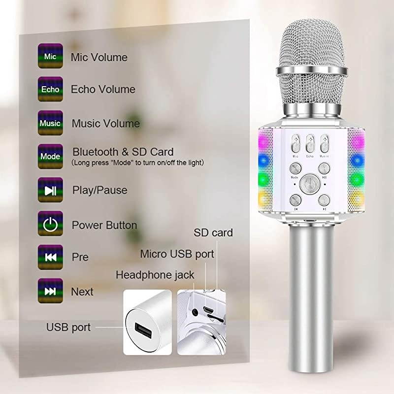 Wireless Bluetooth Karaoke Microphone with controllable LED Lights, 4 in 1 Portable Karaoke Machine Mic Speaker Birthday Home Party for All Smartphones PC(Q36 Silver)