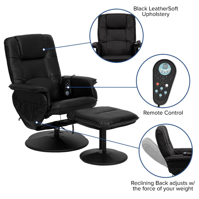 Flash Furniture Massaging Adjustable Recliner with Deep Side Pockets and Ottoman with Wrapped Base in Black LeatherSoft