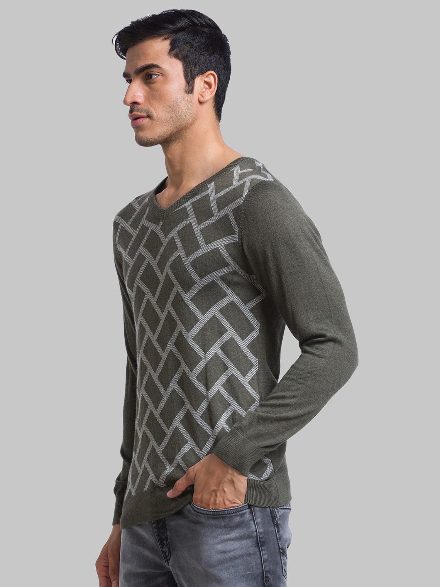 Parx Green Regular Fit Printed Sweater