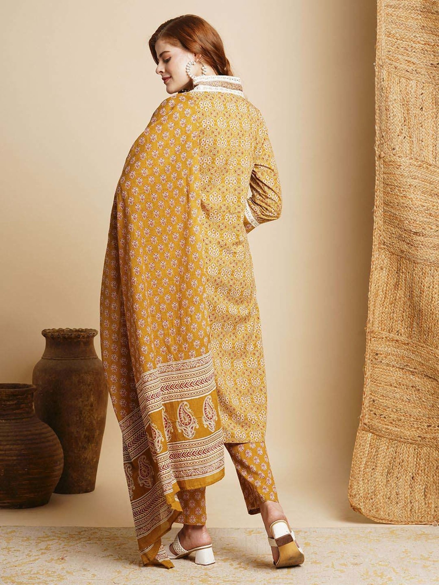 Fashor Mustard Cotton Printed Kurta & Pant Set With Dupatta