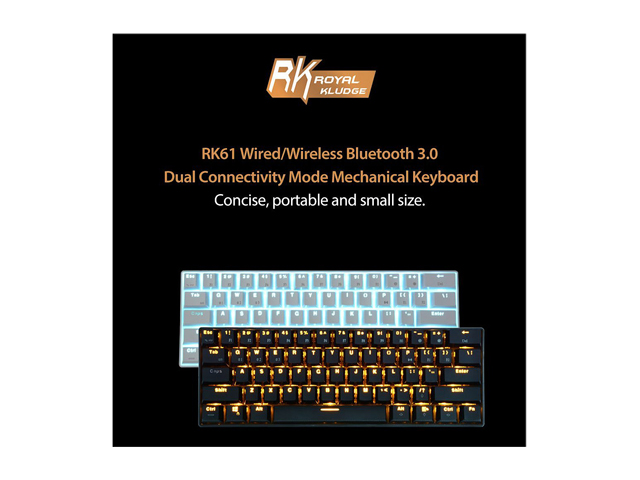 Royal Kludge RK61 Mechanical Bluetooth 3.0 Wired/Wireless 61 Keys Multi-Device RGB Backlit Gaming/Office Keyboard for iOS, Android, Windows and Mac with Rechargeable Battery, Blue Switch - White