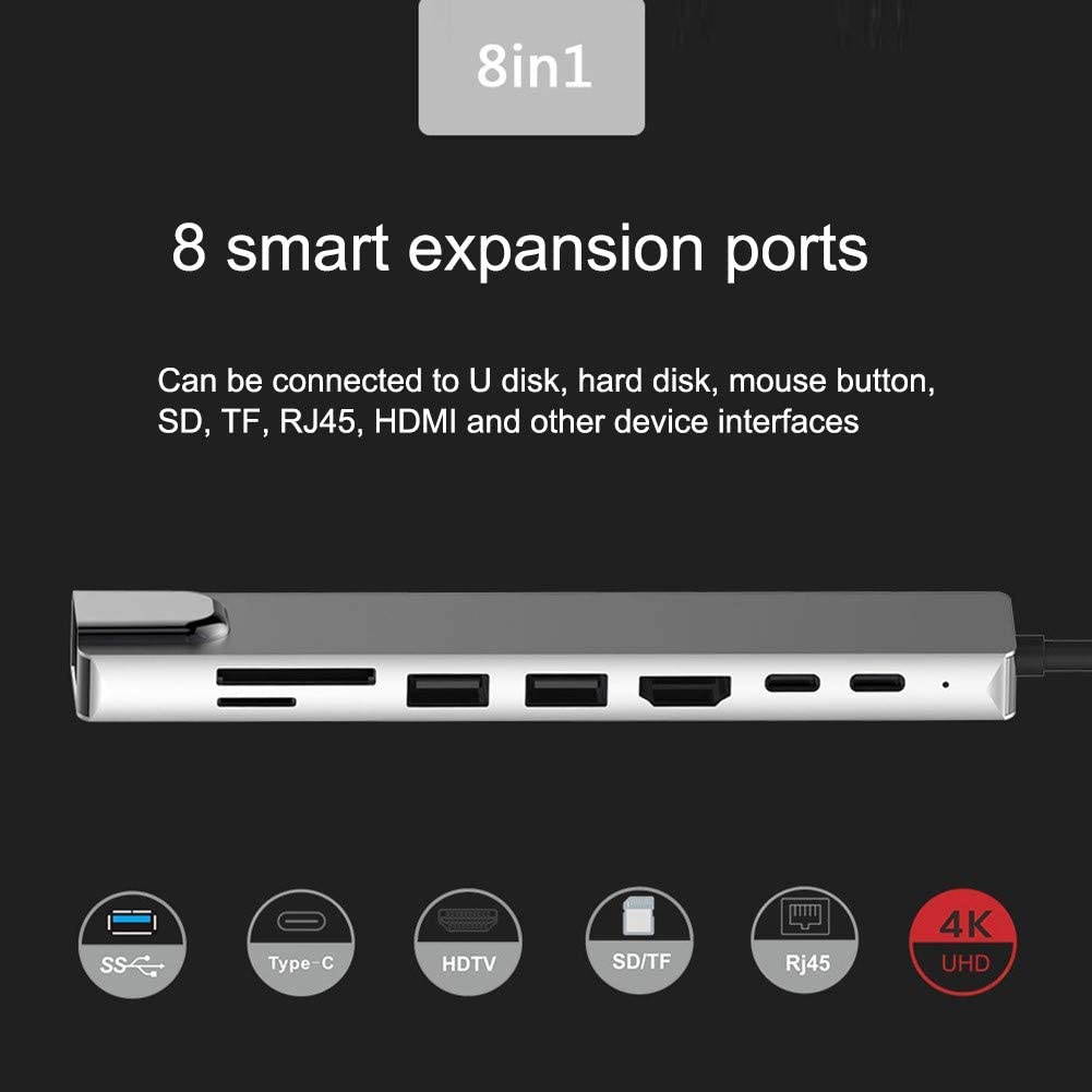 USB C Hub Multiport Adapter 8 in 1 Type C Docking Station Aluminum with 4K HDMI Output, RJ45,2 USB 3.0 Ports, SD/Micro SD Card Reader PD Charging Port Compatible for MacBook Pro,XPS