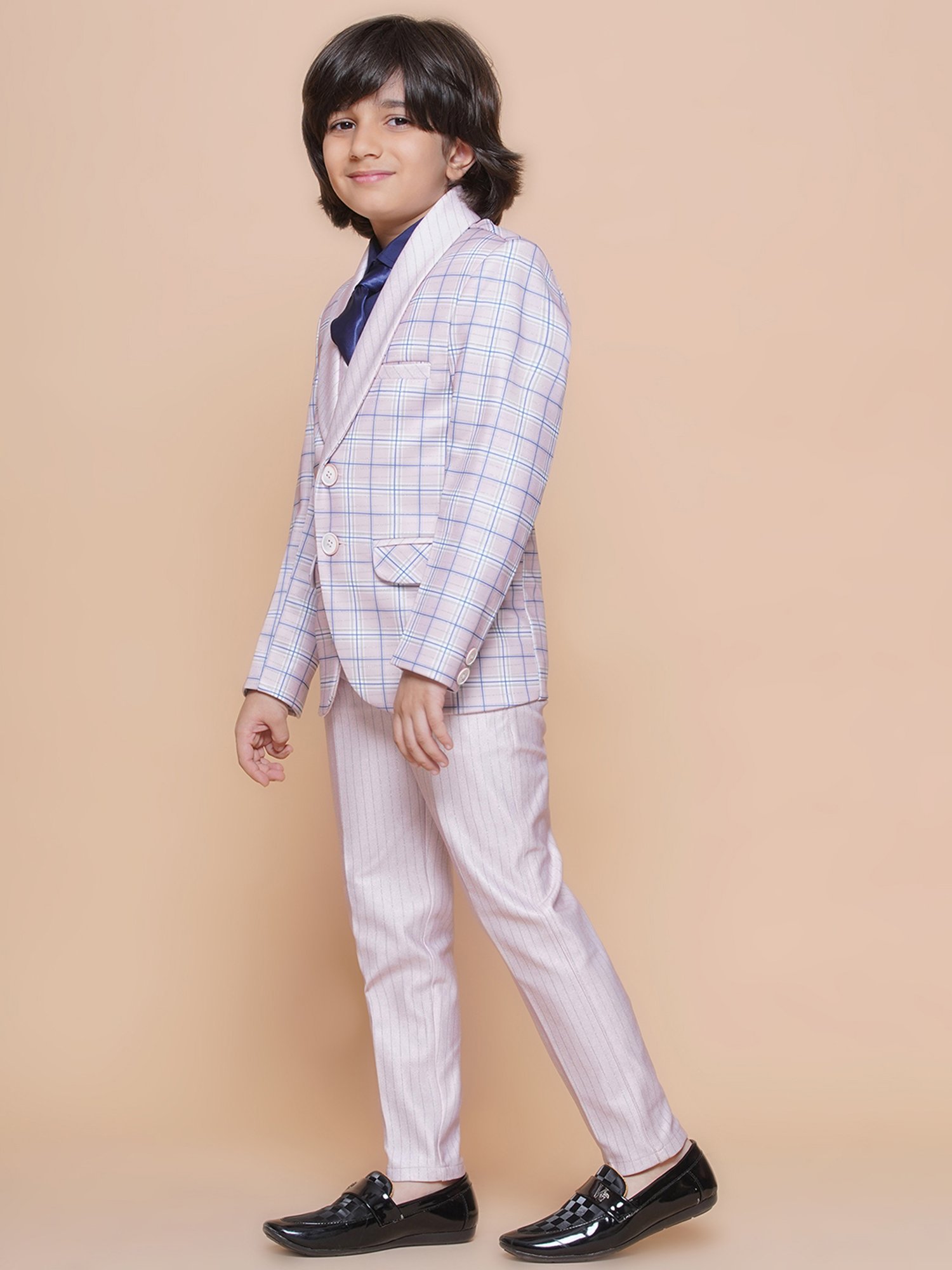 AJ Dezines Kids Pink & Blue Checks Full Sleeves Shirt, Pants, Coat, Waistcoat with Tie