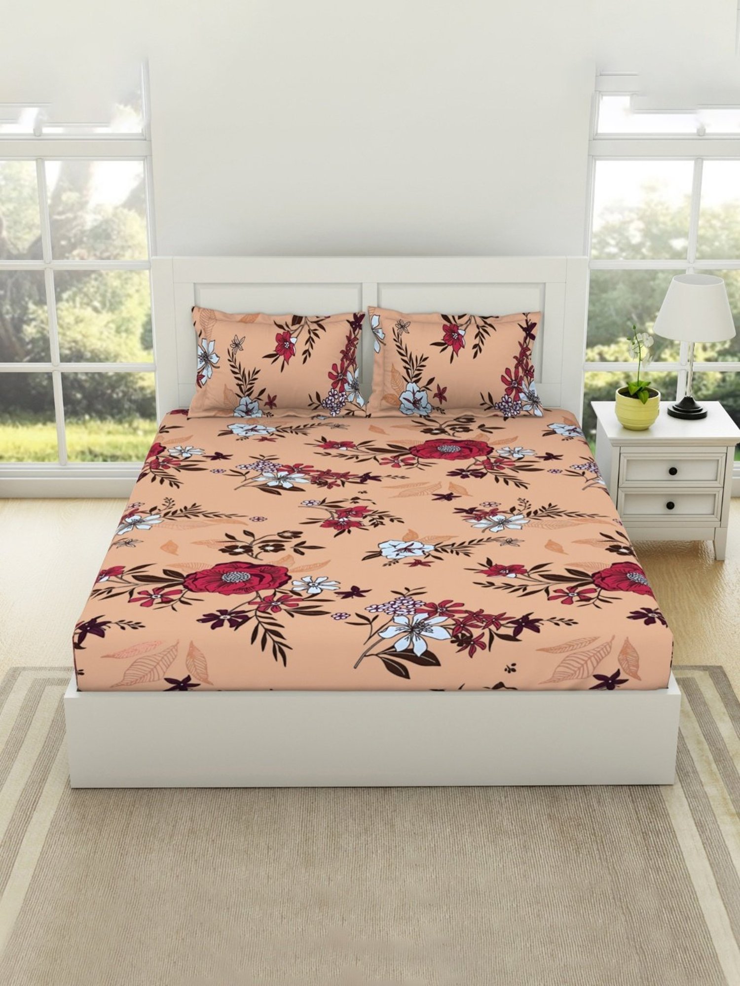 Welspun Floral Peach Microfiber Double Bedsheet with 2 Pillow Covers