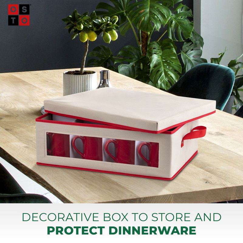 OSTO Holiday Coffee Mug Storage Box for 12 Mug Glasses, Box for Mugs Has Cardboard Insert, Lid, Clear Window, and Handgrips; Color Ivory and Red