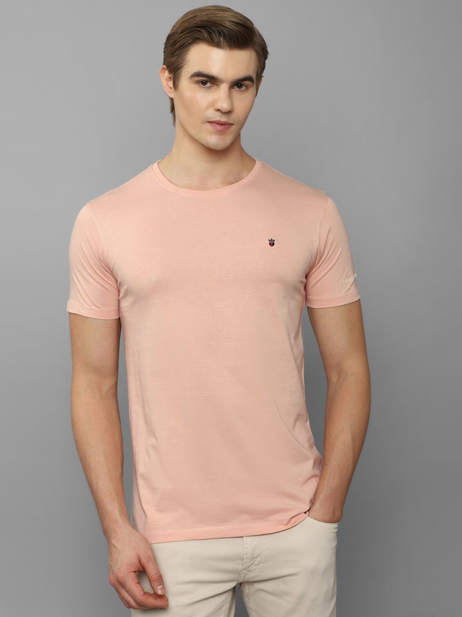 Louis Philippe Jeans Peach Cotton Slim Fit T-Shirt