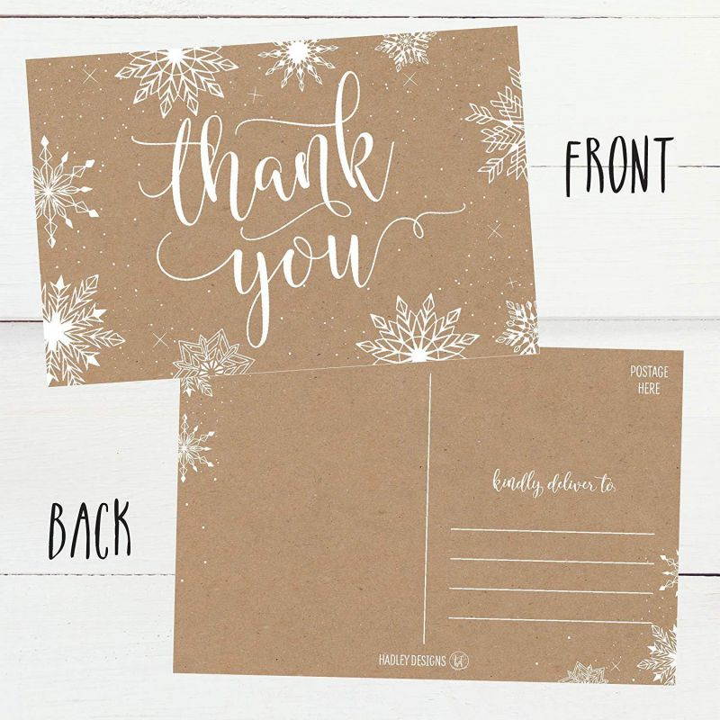 25 4x6 Blank Christmas Holiday Thank You Postcards Bulk, Cute Kraft Winter Snowflake Note Card Stationery For Wedding, Bridesmaids, Bridal or Baby Shower, Teachers, Religious, Business Cards