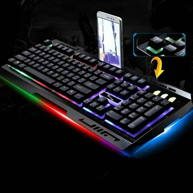 USB RGB Gaming Keyboard and Mouse Combo, Wired Key Rainbow Backlit Keyboard and Mouse Set, with Phone Holder for Windows Computer PC Gamers