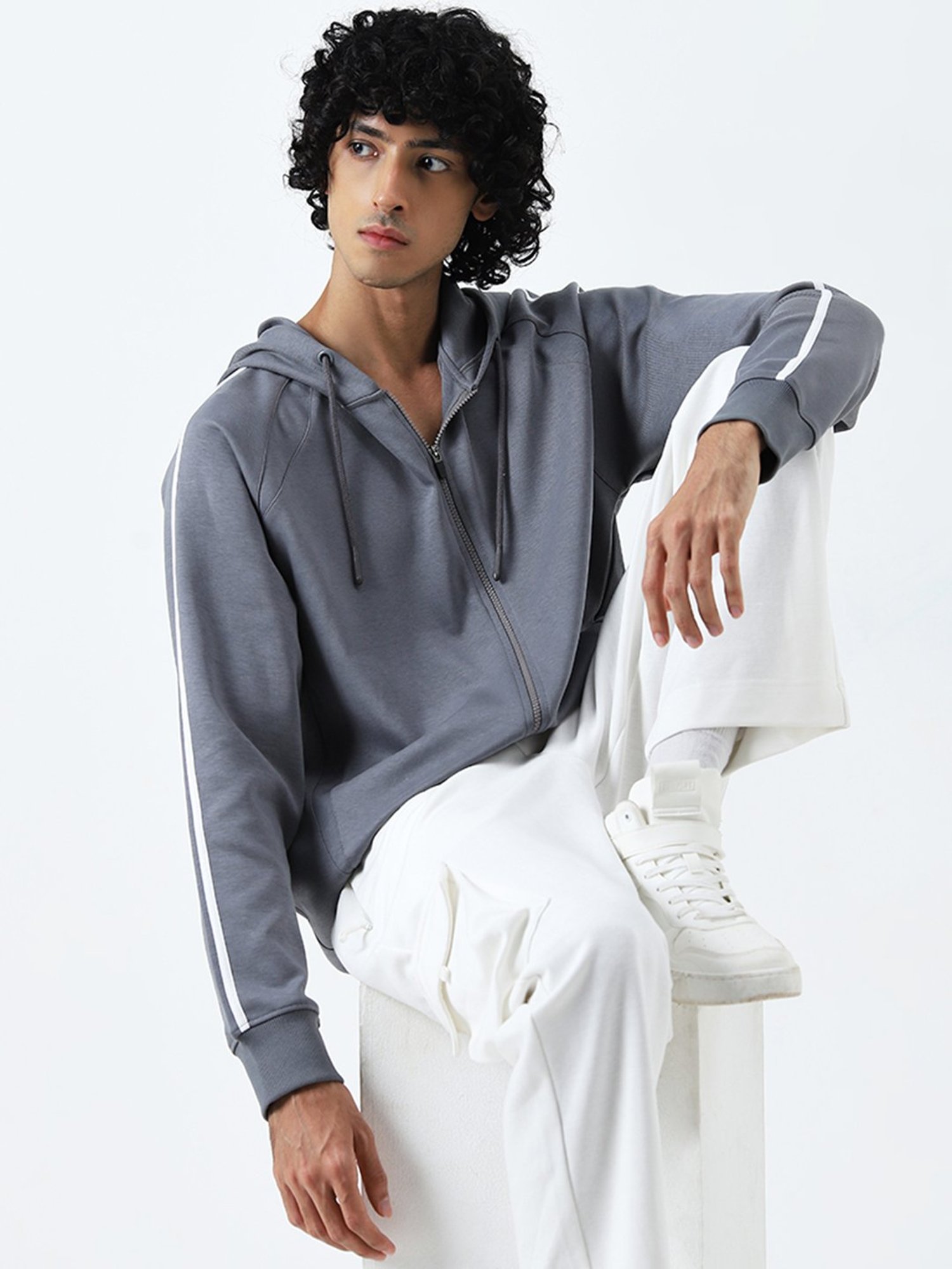 Studiofit by Westside Grey Solid Relaxed-Fit Cotton Blend Sweatshirt