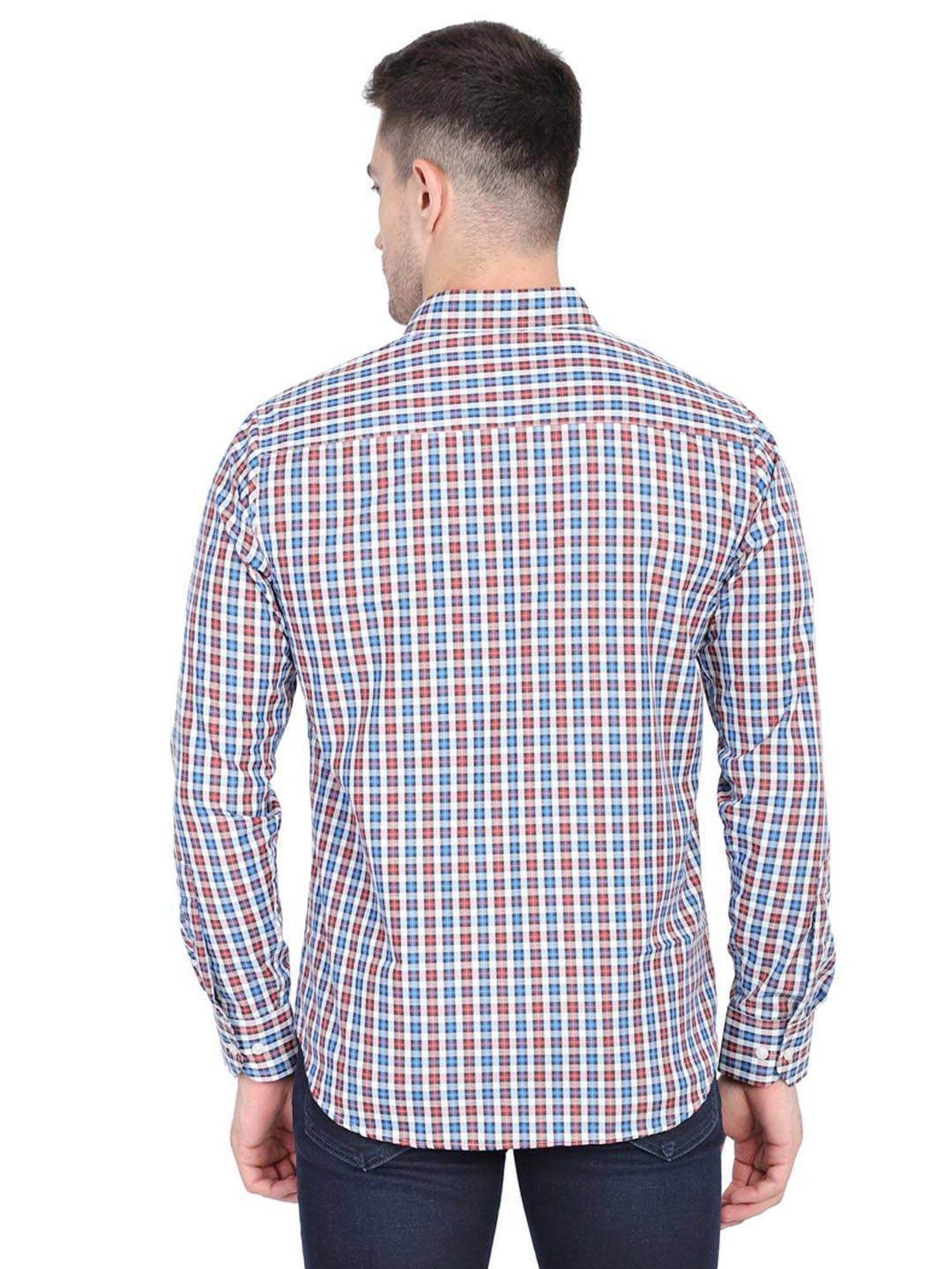 TAHVO Blue Cotton Slim Fit Checks Shirt