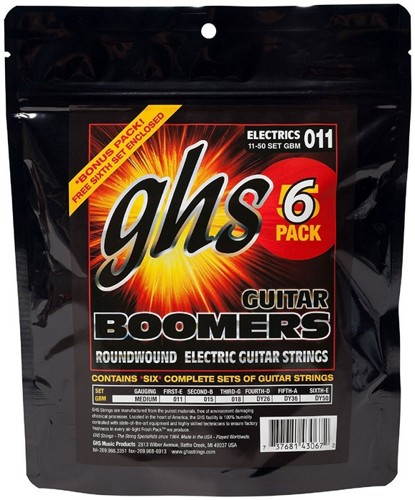 GHS GBM-5 Boomers Roundwound Medium Electric Guitar Strings, 11-50, 6 Pack