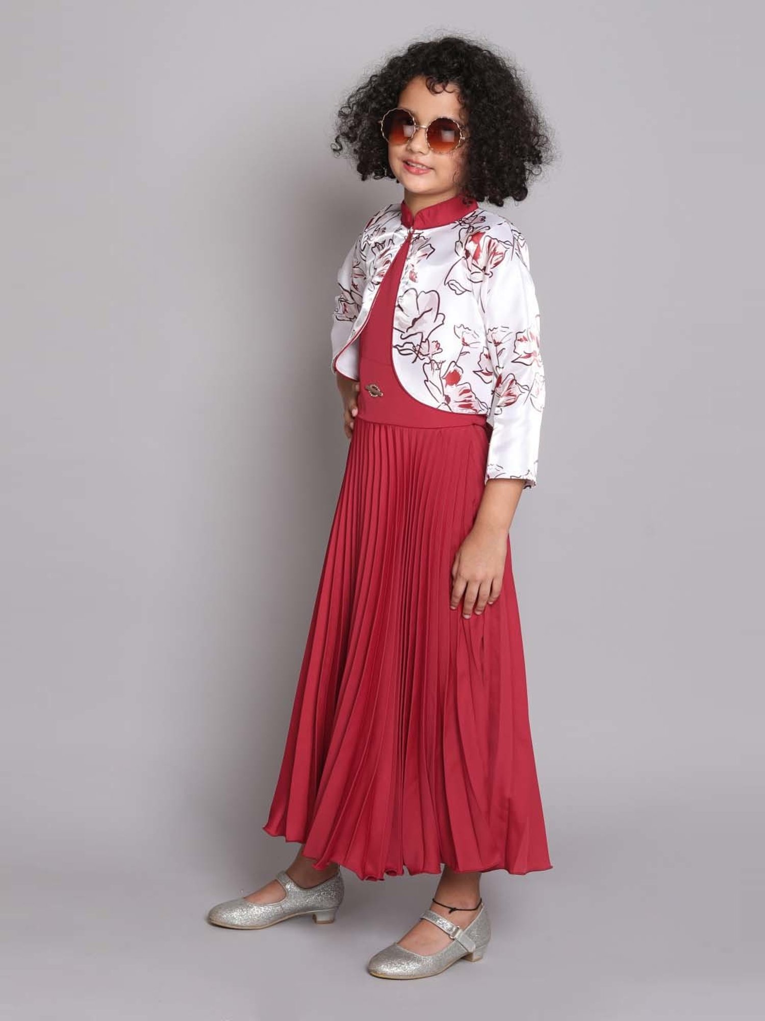 The Magic Wand Kids Red & White Floral Print Gown Set