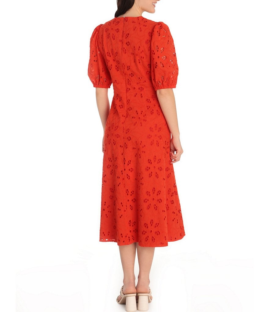 Maggy London Eyelet Short Puff Sleeve Midi Dress