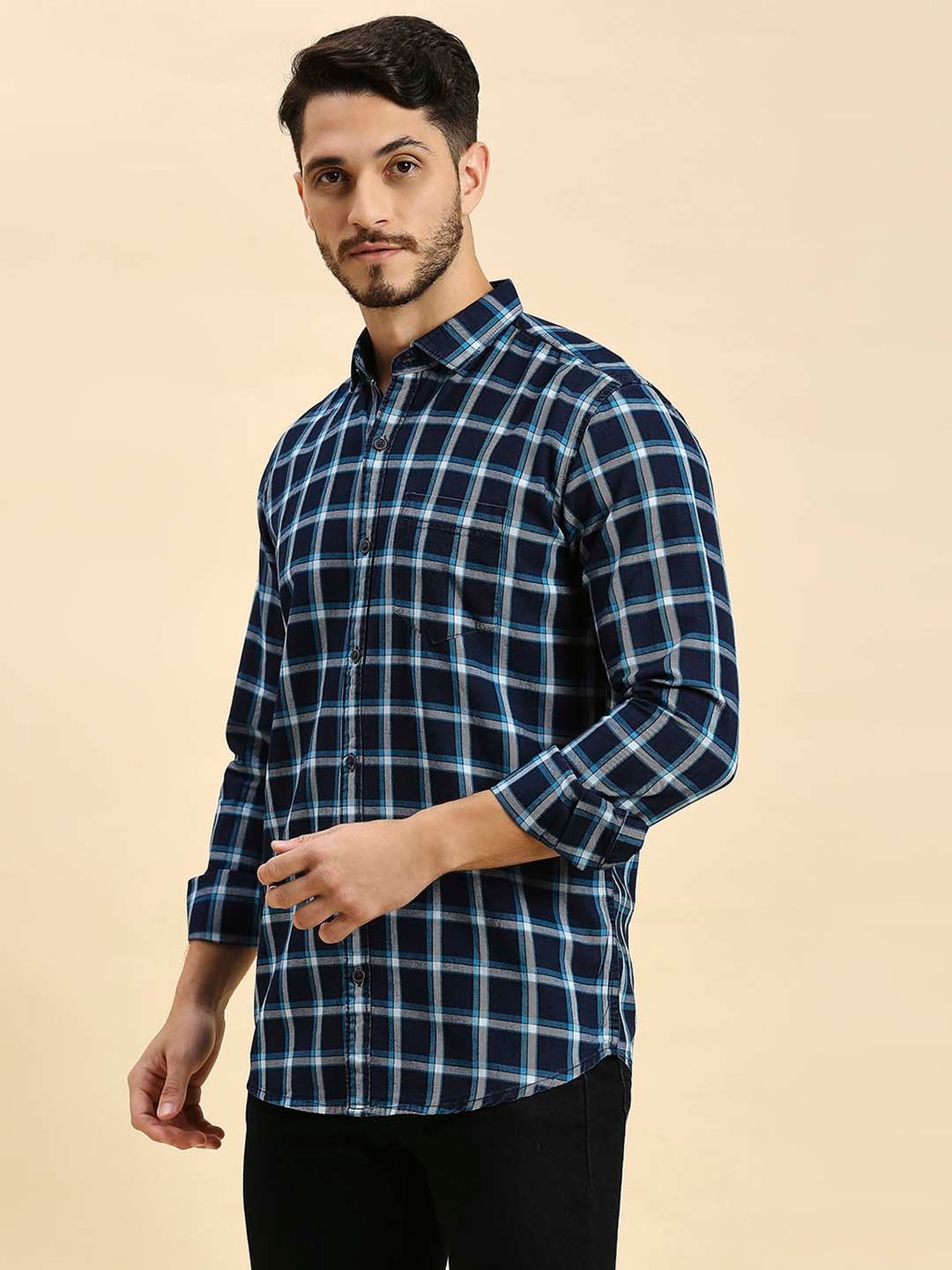 HJ HASASI Navy Slim Fit Check Cotton Shirt