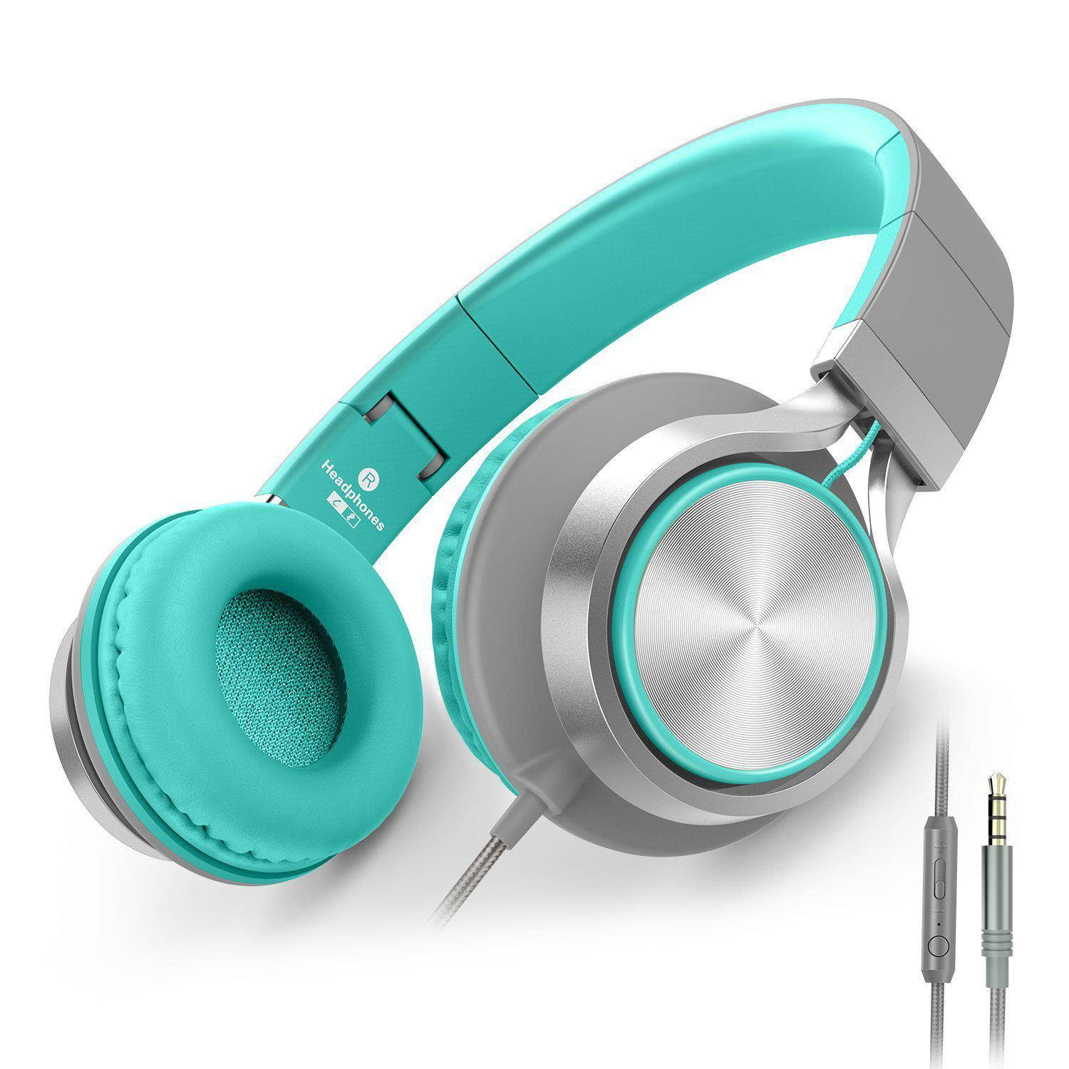 AILIHEN C8 Headphones with Microphone and Volume Control Folding Lightweight Headset for Cellphones Tablets Smartphones Laptop Computer PC Mp3/4 (Grey/Mint)