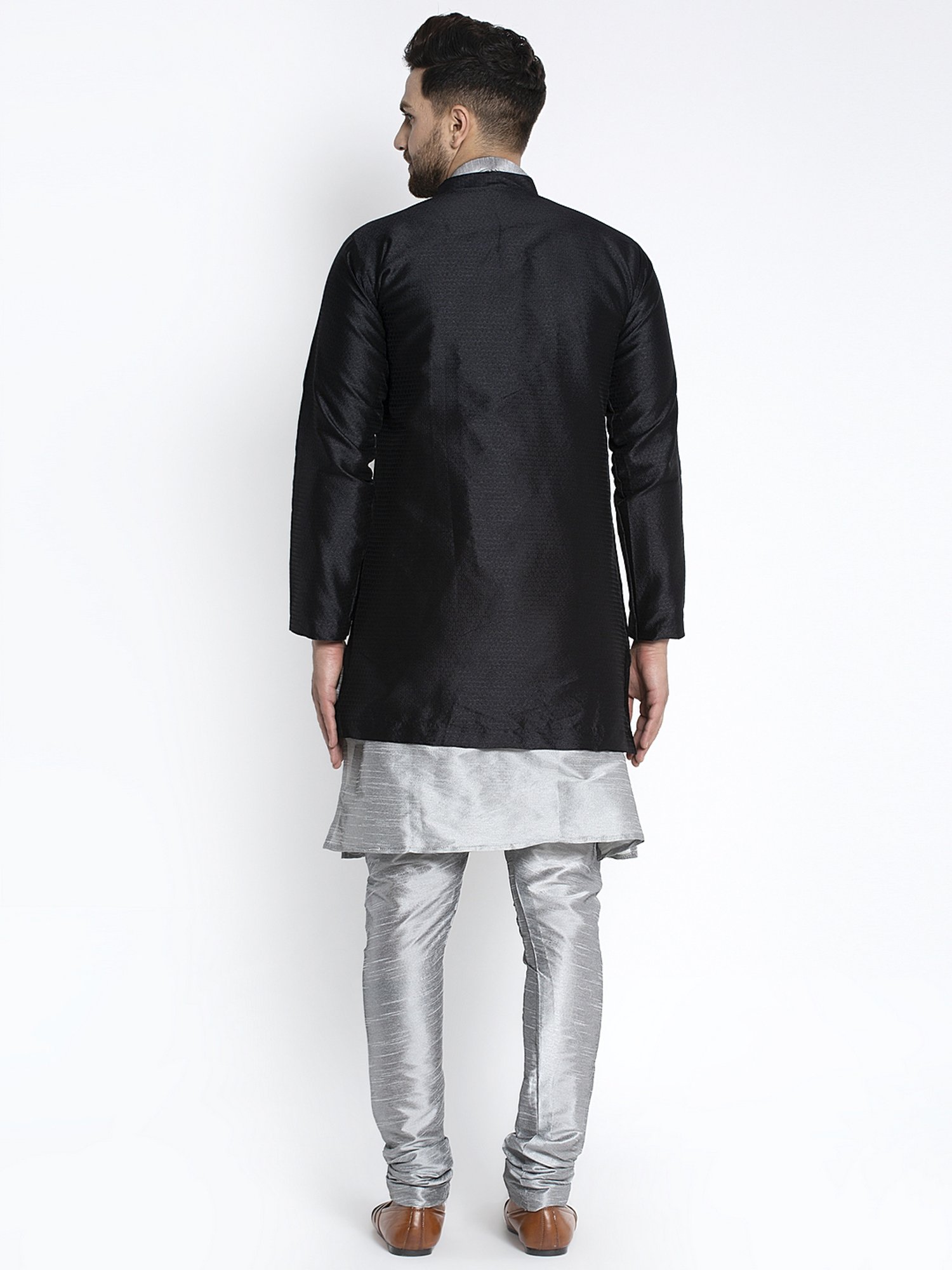 Benstoke Grey & Black Regular Fit Self Pattern Kurta Set With Jacket