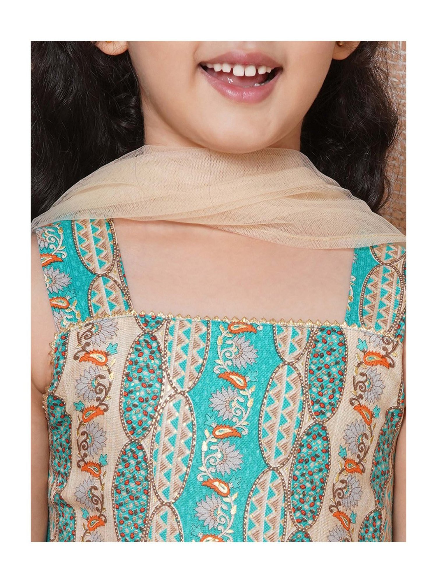 AJ Dezines Kids Green & Beige Floral Print Kurta, Sharara with Dupatta