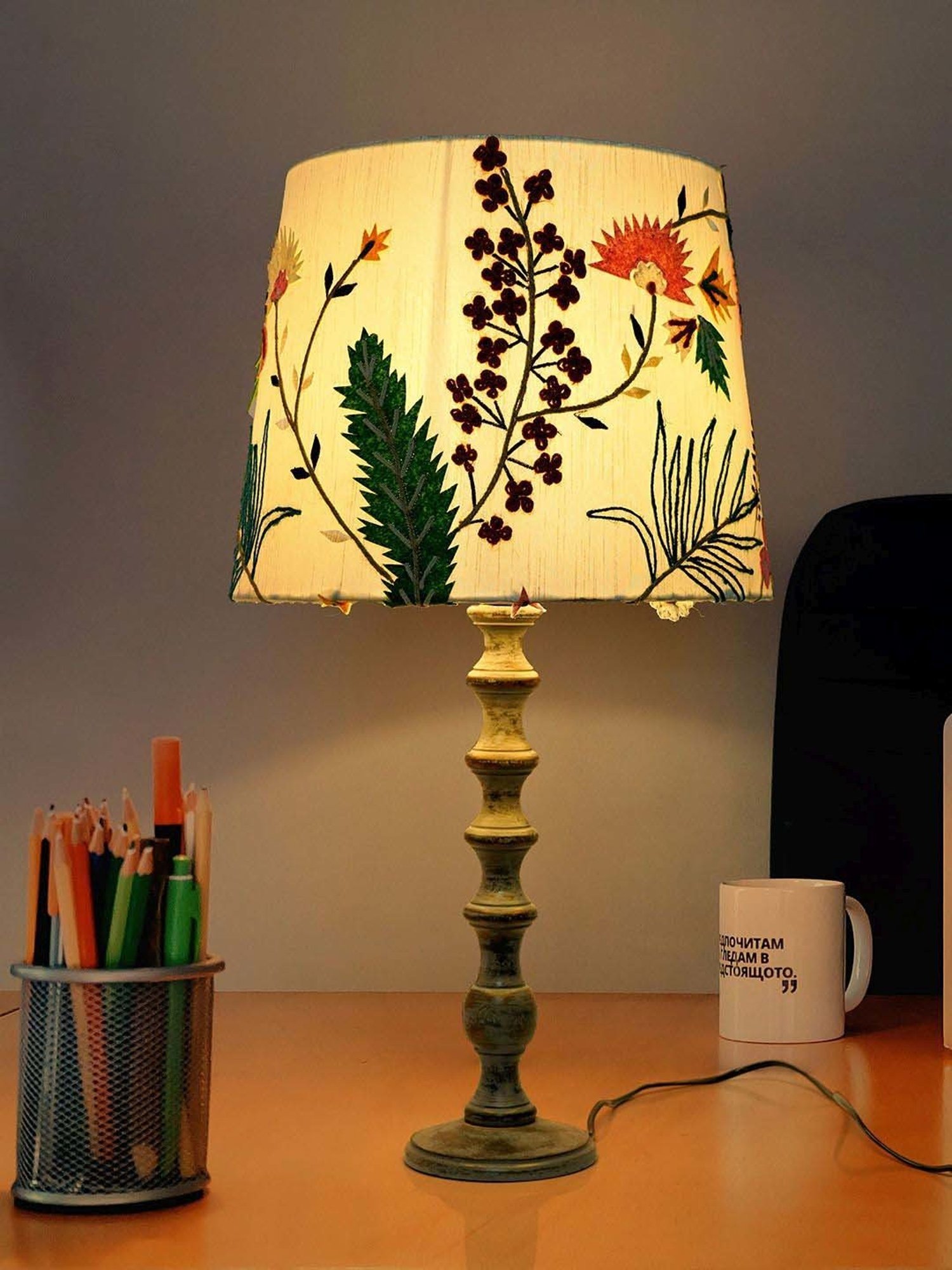 FOS LIGHTING White & Grey Wood Table Lamp With Tapered Fabric Shade