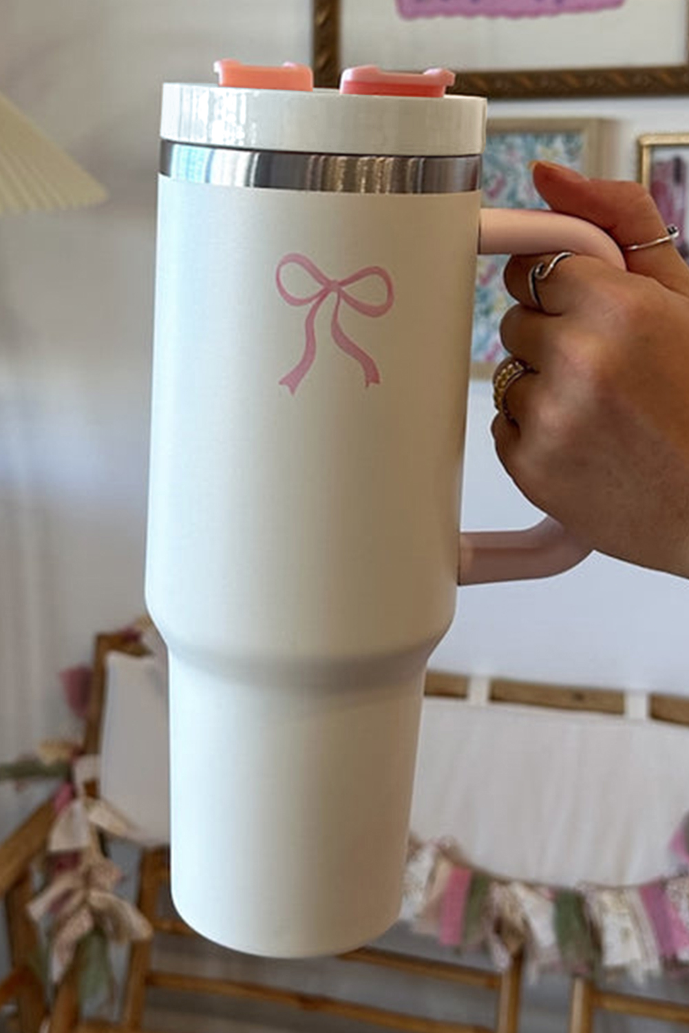 Rose Red Valentines Heart Printed Thermos Cup with Handle