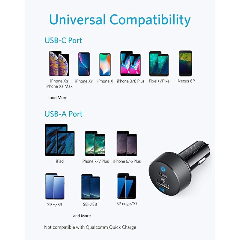 Car Charger USB C, 30W 2-Port Compact Type C Car Charger with 18W Power Delivery and 12W PowerIQ, PowerDrive PD 2 with LED for iPad Pro (2018), iPhone XS/Max/XR/X/8/7, Pixel 3/2/XL and More