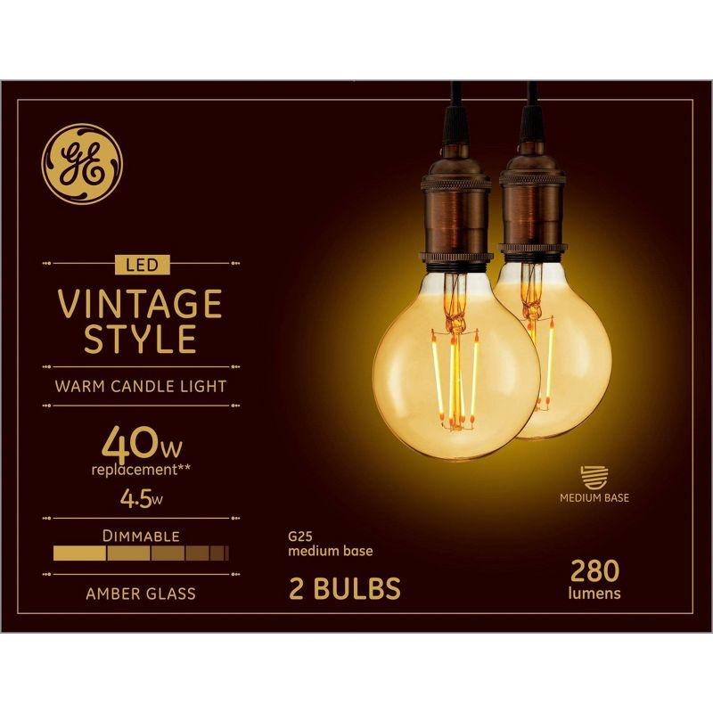 General Electric 2pk 40W VintaG25 Globe Filament Amber LED Light Bulb White
